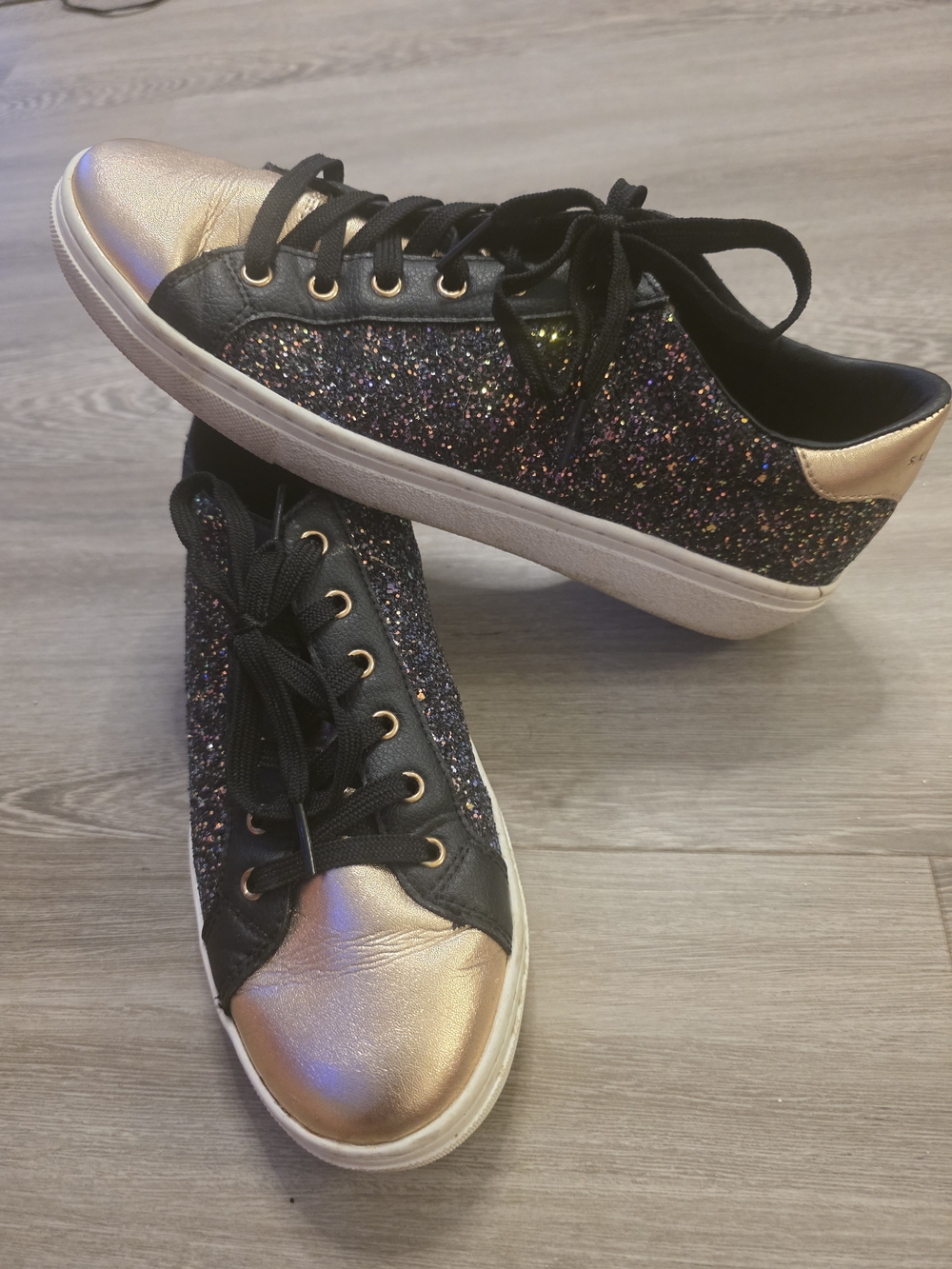 Skechers Women's Black Glitter Sneakers with Rose Gold Toe & Heel